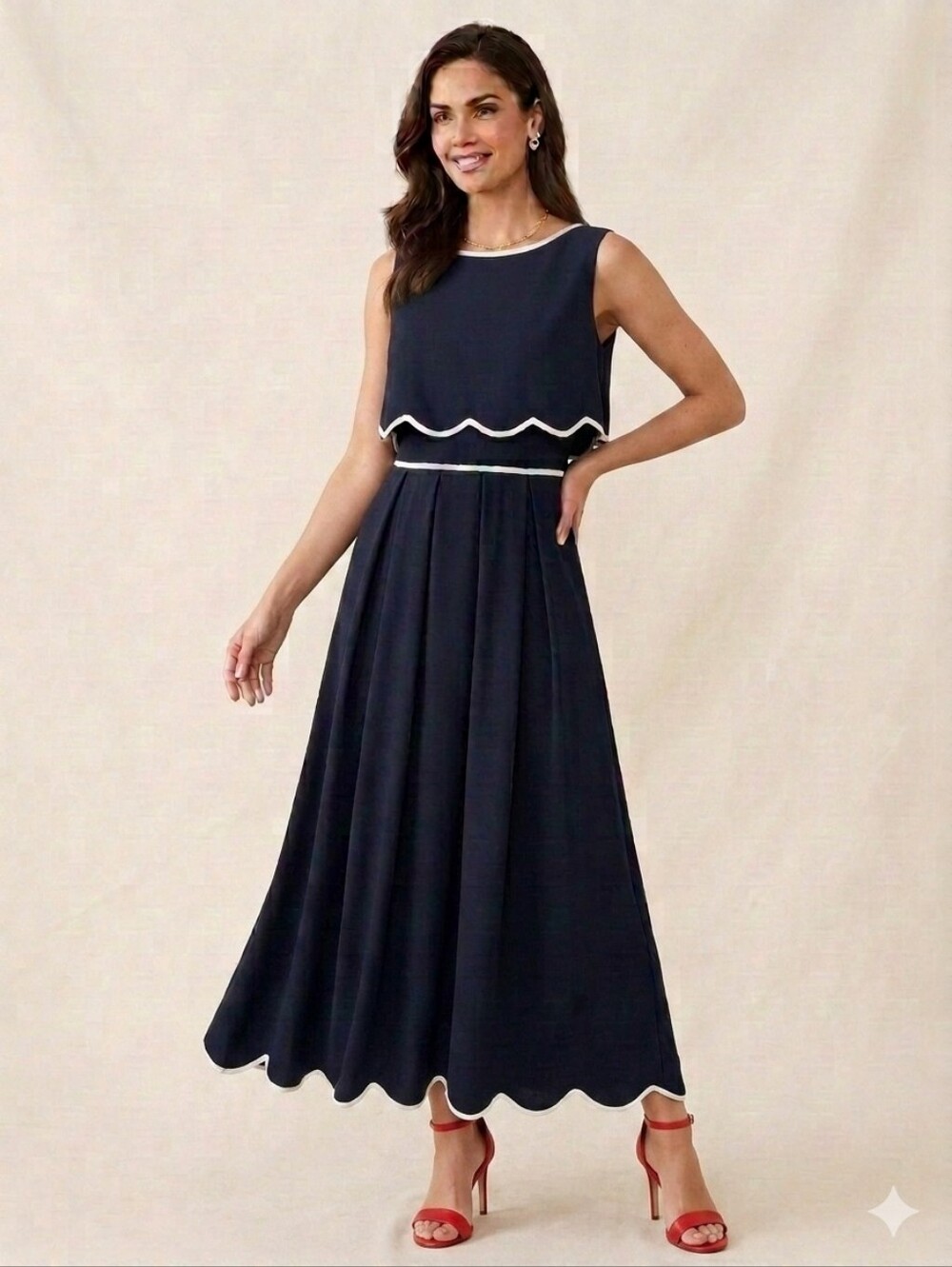 entro | Black Maxi Dress with White Scallop Trim